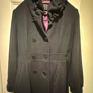 Laundry By Shelli Segal Black Pea Coat with Ruffled Collar